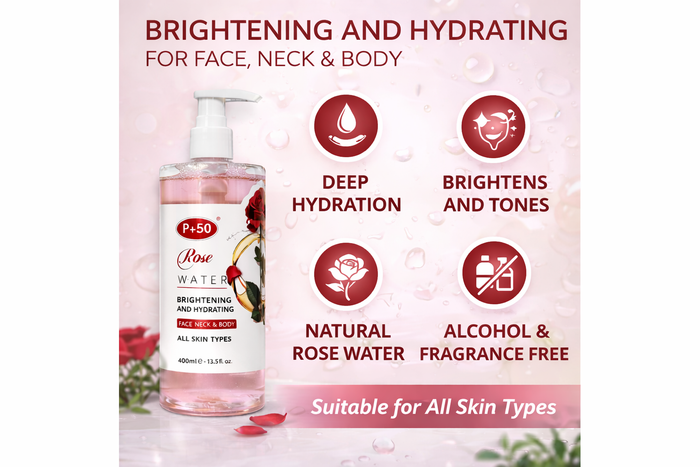 P+50 Rose Water Brightening & Hydrating Skin Toner (400ml) – Face, Neck & Body!