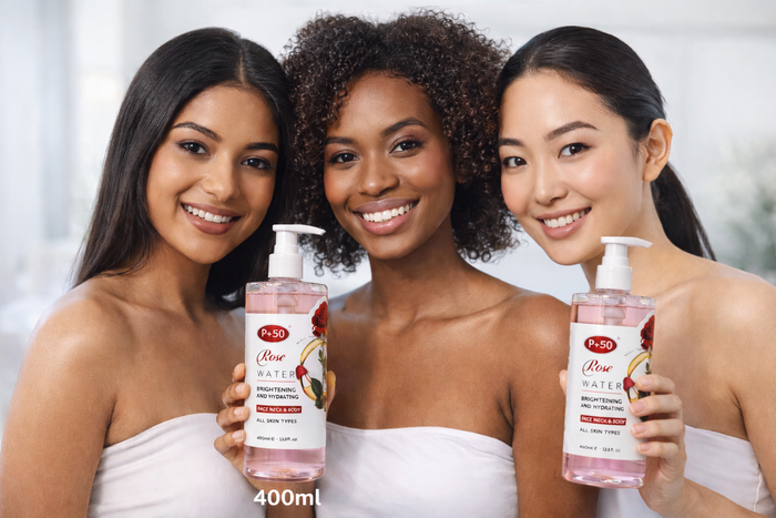 P+50 Rose Water Brightening & Hydrating Skin Toner (400ml) – Face, Neck & Body!