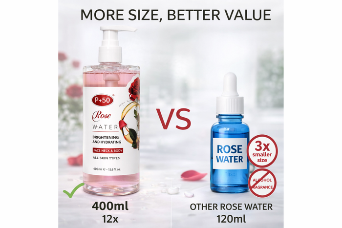P+50 Rose Water Brightening & Hydrating Skin Toner (400ml) – Face, Neck & Body!