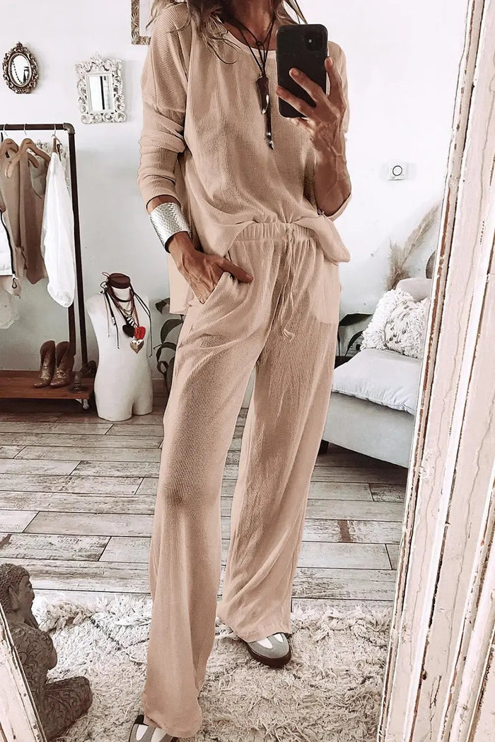 Parchment Textured Long Sleeve T Shirt and Pants Lounge Set - PARCHMENT / S / 75% POLYESTER + 25% COTTON - Loungewear &