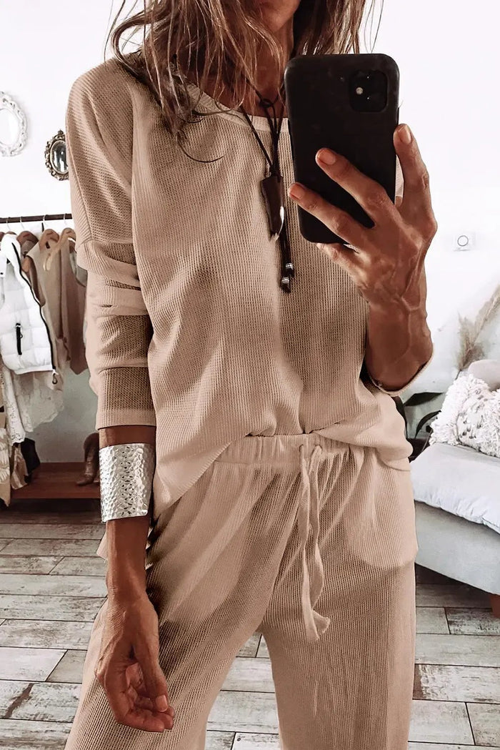 Parchment Textured Long Sleeve T Shirt and Pants Lounge Set - Loungewear & Sleepwear/Loungewear