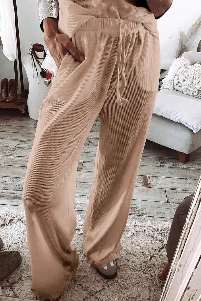 Parchment Textured Long Sleeve T Shirt and Pants Lounge Set - Loungewear & Sleepwear/Loungewear