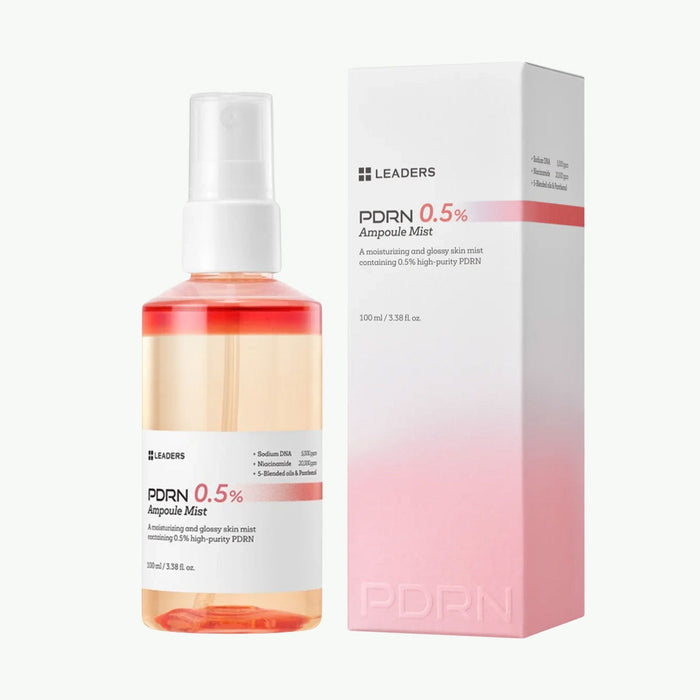 PDRN 0.5% Ampoule Mist | Leaders skincare product in a transparent spray bottle with pink gradient liquid, next to its matching white and pink box packaging.