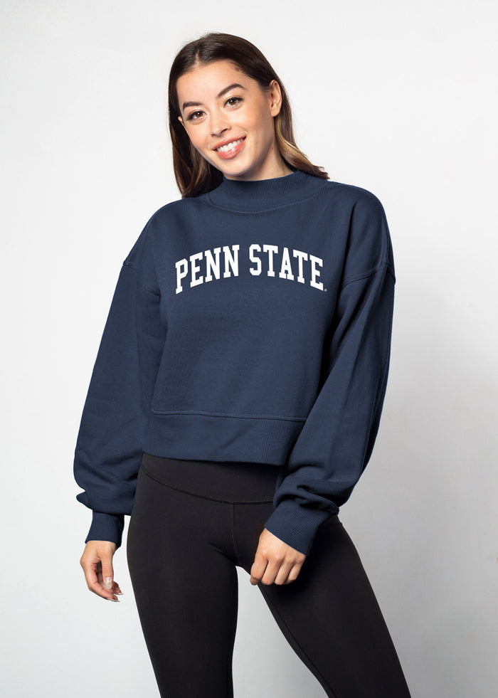 Penn State Nittany Lions Women's Navy Relaxed, waist-length Heavyweight Fleece Sweatshirt with mock neck, drop shoulders and balloon sleeves