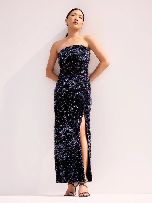 Petite Blair Blue Sequin Bandeau Maxi Dress