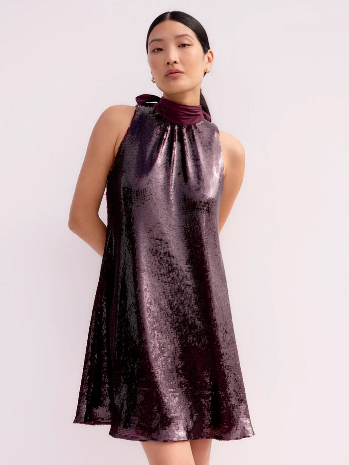 Petite Freya Wine Red Sequinned Halterneck Mini Dress