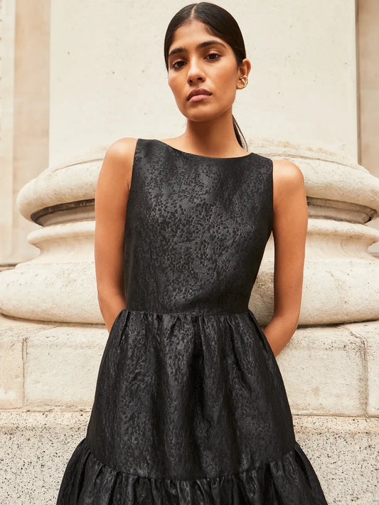 Petite Georgie Black Tiered Jacquard Dress