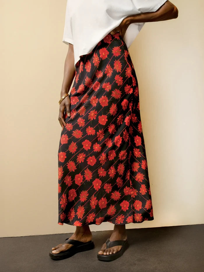 Petite Red Daisy-Print Striped Bias-Cut Skirt