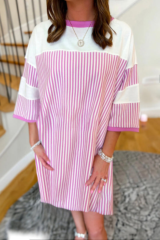 Phalaenopsis Striped Patchwork Three Quarters Sleeve Loose Mini Dress - PHALAENOPSIS / S / 95% COTTON + 5% ELASTANE
