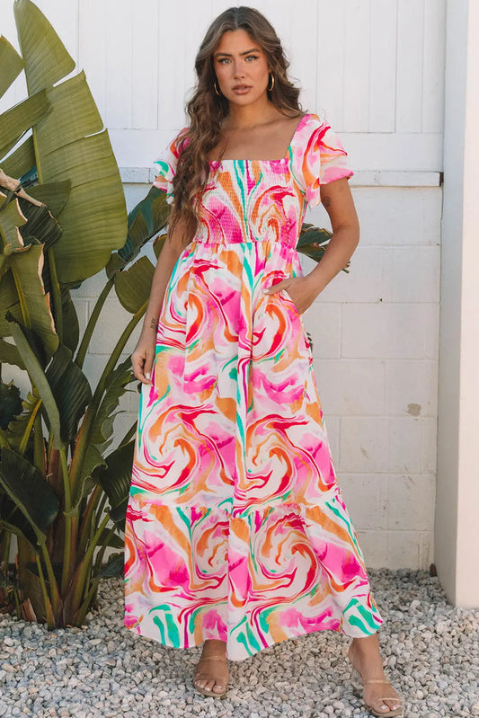 Pink Abstract Print Ruffled Sleeve Smocked Bust Maxi Dress - S / 100% Polyester - Dresses/Maxi Dresses