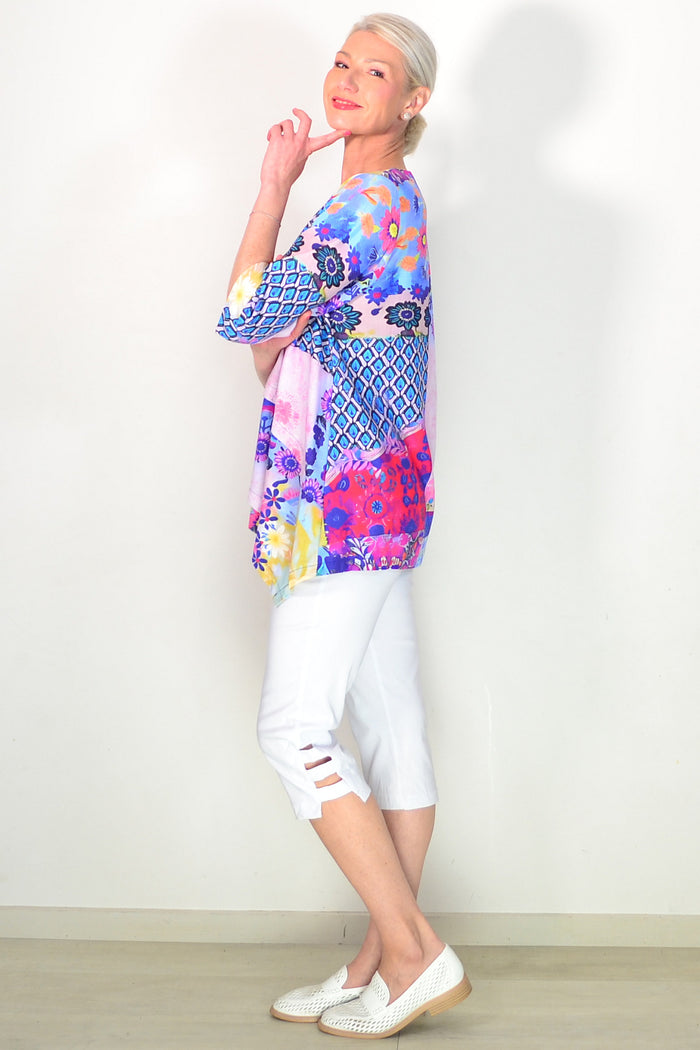 Pink Blue Linen Cotton Casual Tunic Top