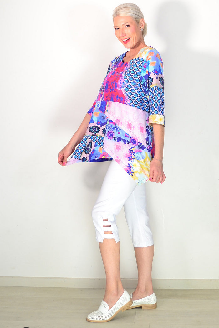 Pink Blue Linen Cotton Casual Tunic Top