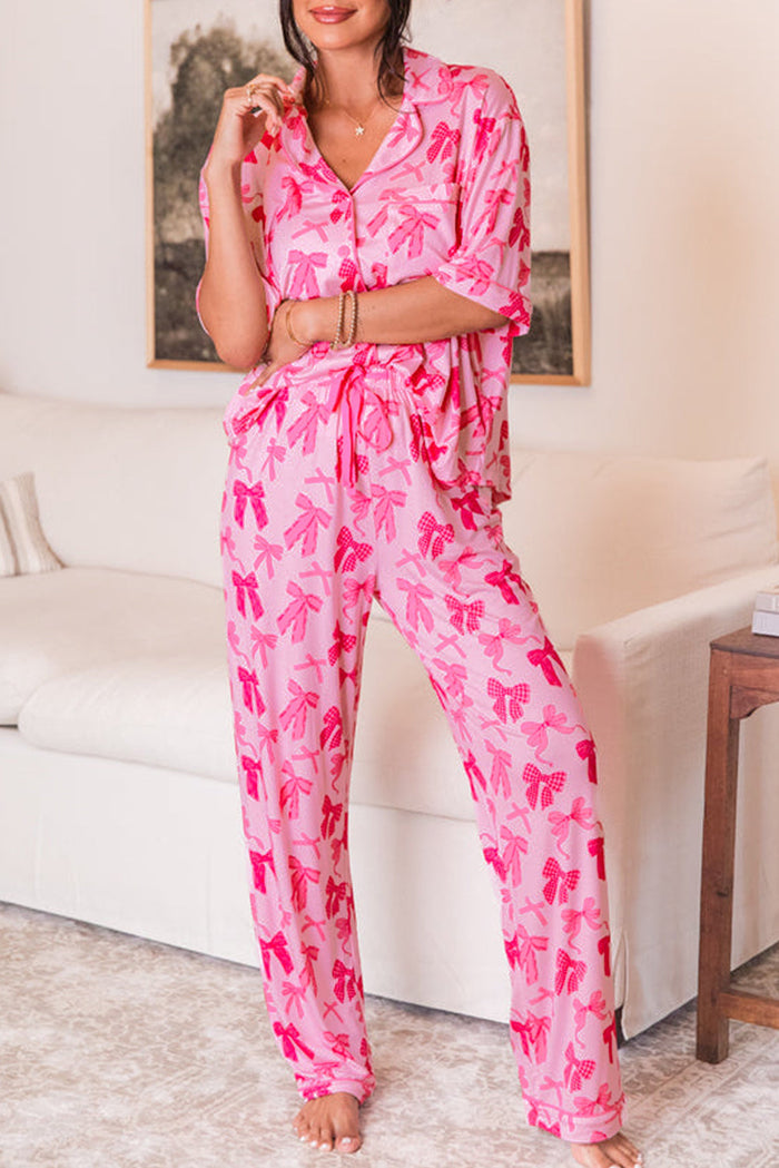 Pink Bow Knot Print Lapel Collar Short Sleeve and Trousers Pyjamas Set - PINK / S / 95% POLYESTER + 5% ELASTANE