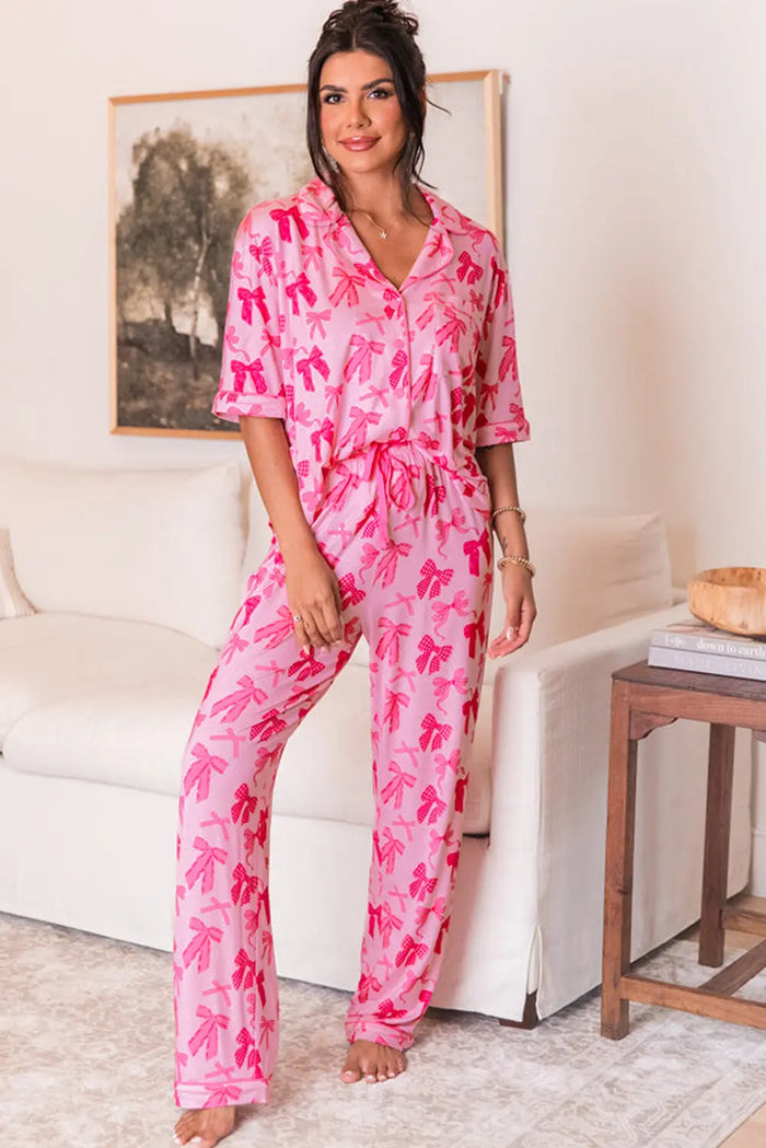 Pink Bow Knot Print Lapel Collar Short Sleeve and Trousers Pyjamas Set - Loungewear & Sleepwear/Sleepwear