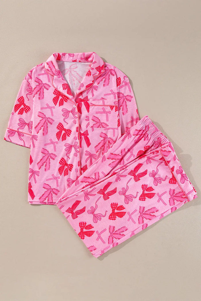Pink Bow Knot Print Lapel Collar Short Sleeve and Trousers Pyjamas Set - Loungewear & Sleepwear/Sleepwear
