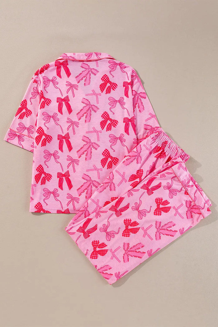 Pink Bow Knot Print Lapel Collar Short Sleeve and Trousers Pyjamas Set - Loungewear & Sleepwear/Sleepwear