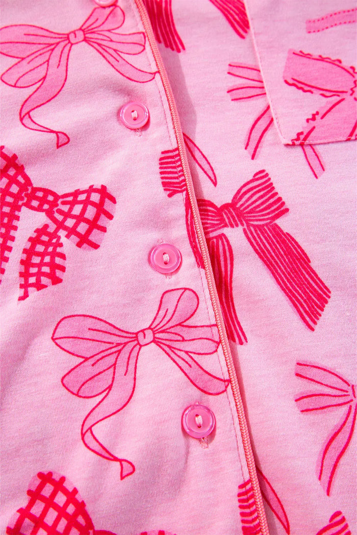 Pink Bow Knot Print Lapel Collar Short Sleeve and Trousers Pyjamas Set - Loungewear & Sleepwear/Sleepwear