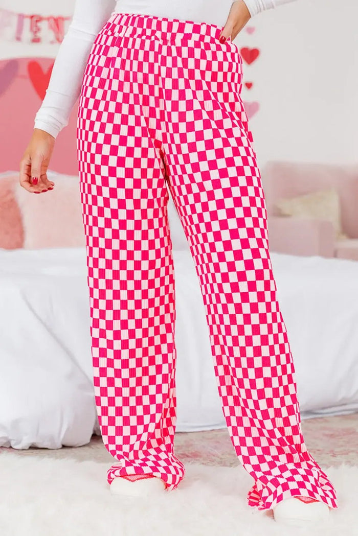 Pink Checkered Buttoned Shirt and High Waist Pants Pajama Set - Loungewear & Sleepwear/Sleepwear