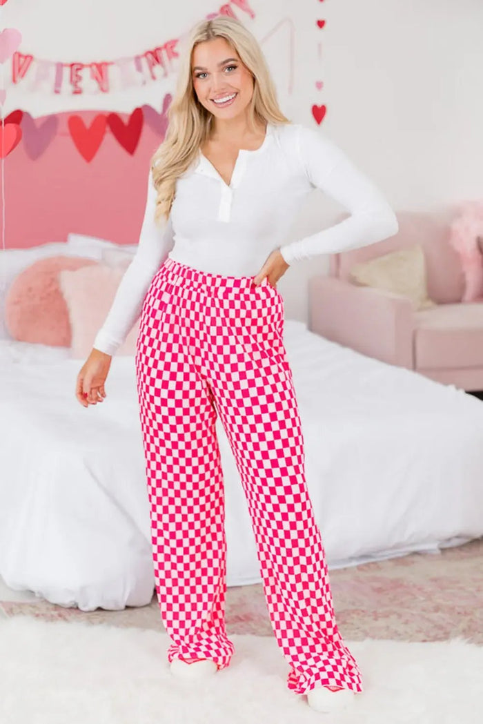 Pink Checkered Buttoned Shirt and High Waist Pants Pajama Set - Loungewear & Sleepwear/Sleepwear