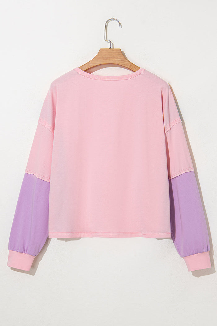 Pink Colourblock Long Sleeve Buttons Henley Top - Tops/Long Tops