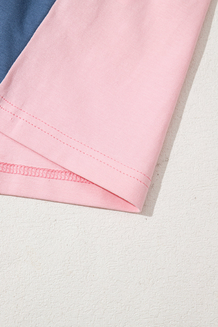 Pink Colourblock Long Sleeve Buttons Henley Top - Tops/Long Tops