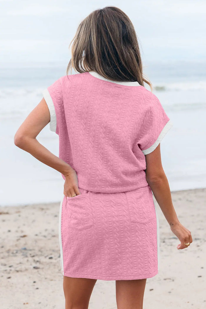 Pink Contrast Trim Textured Crewneck Tee and Pocketed Skirt Co-ord Set - Two Piece Sets/Two Dresses