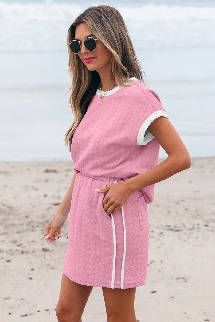 Pink Contrast Trim Textured Crewneck Tee and Pocketed Skirt Co-ord Set - Two Piece Sets/Two Dresses