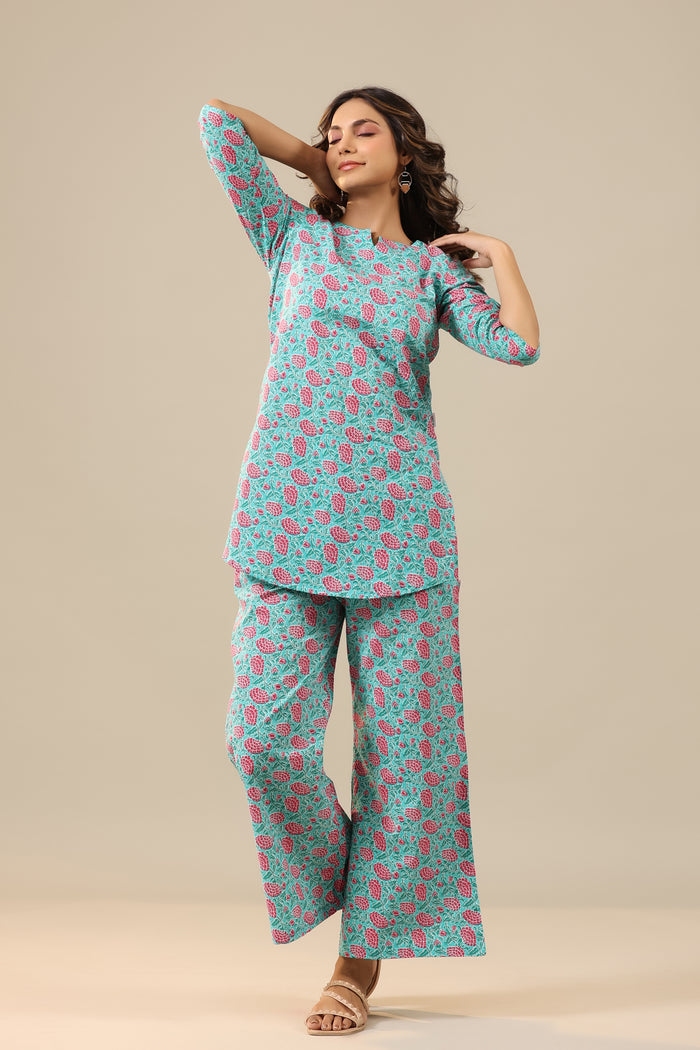 Pink Dahlia on Light Blue Cotton Palazzo Loungewear Set