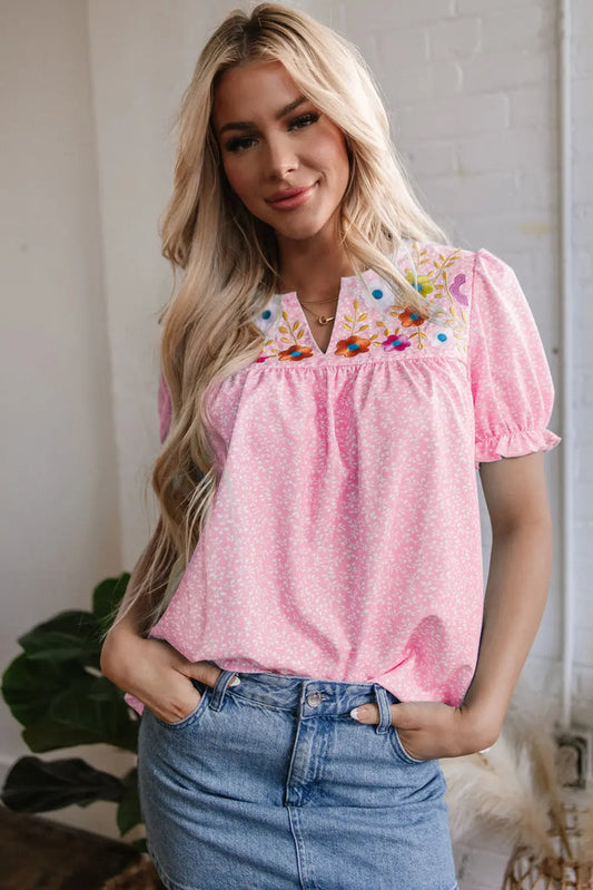 Pink Floral Embroidered Puff Sleeve Notched V-Neck Blouse - S / 100% Polyester - Tops/Blouses & Shirts