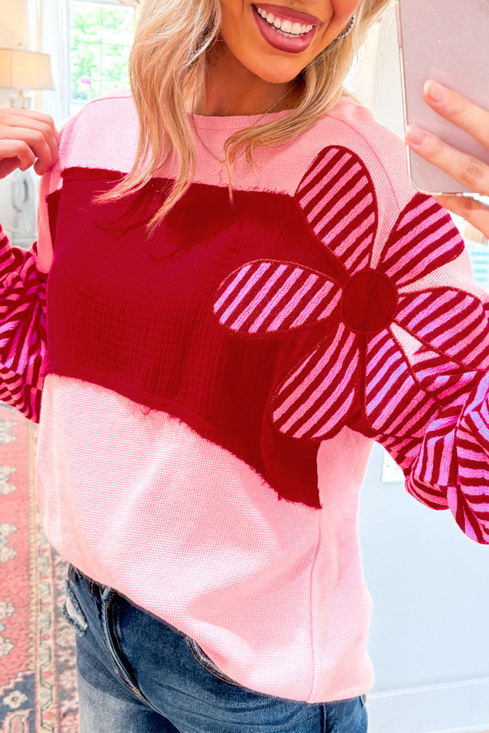 Pink Floral Patch Colour Block Striped Sleeve Textured Top - PINK / S / 75% POLYESTER + 25% COTTON - Tops/Long Tops