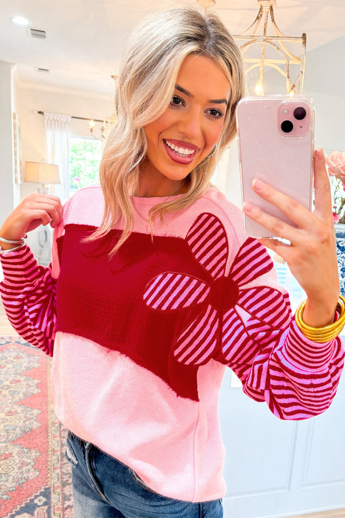 Pink Floral Patch Colour Block Striped Sleeve Textured Top - Tops/Long Tops