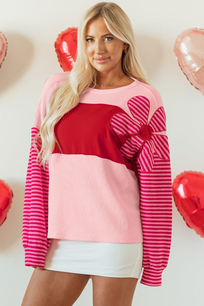 Pink Floral Patch Colour Block Striped Sleeve Textured Top - Tops/Long Tops