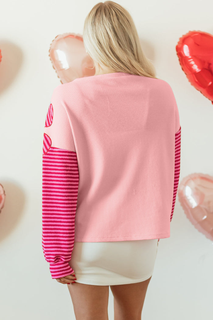 Pink Floral Patch Colour Block Striped Sleeve Textured Top - Tops/Long Tops