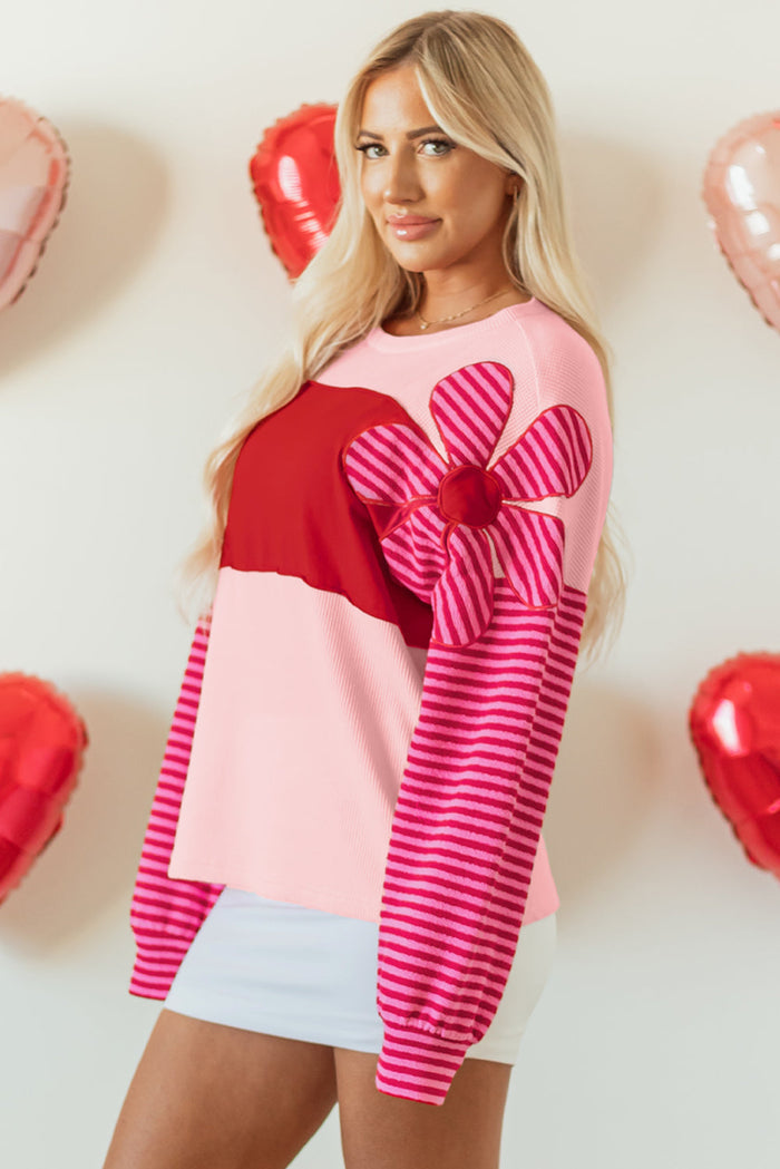 Pink Floral Patch Colour Block Striped Sleeve Textured Top - Tops/Long Tops