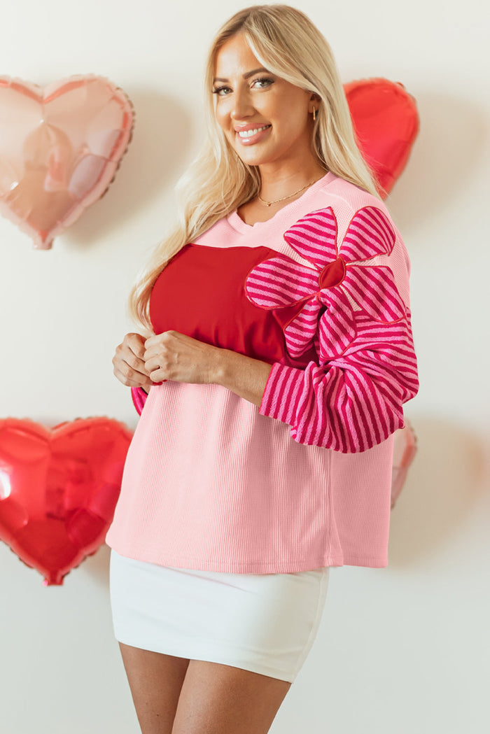 Pink Floral Patch Colour Block Striped Sleeve Textured Top - Tops/Long Tops