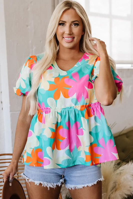 Pink Floral Print Bubble Sleeve V Neck Peplum Blouse - S / 100% Polyester - Tops/Blouses & Shirts