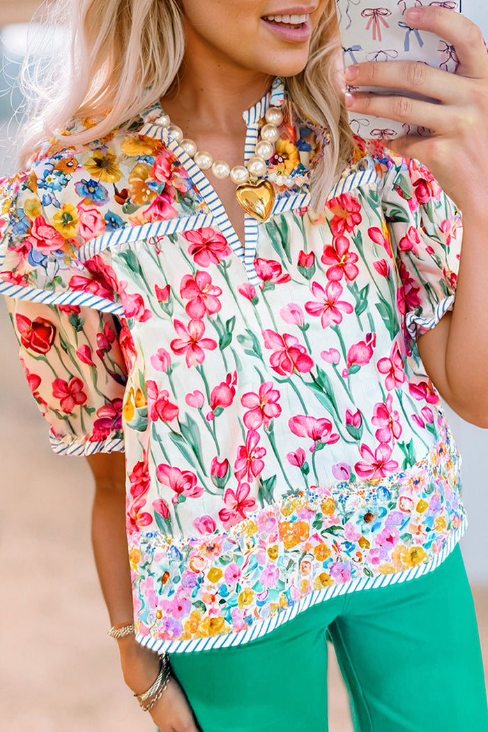 Pink Floral Print Striped Detail Split Neck Short Sleeve Blouse - S / 100% Polyester - Tops/Blouses & Shirts