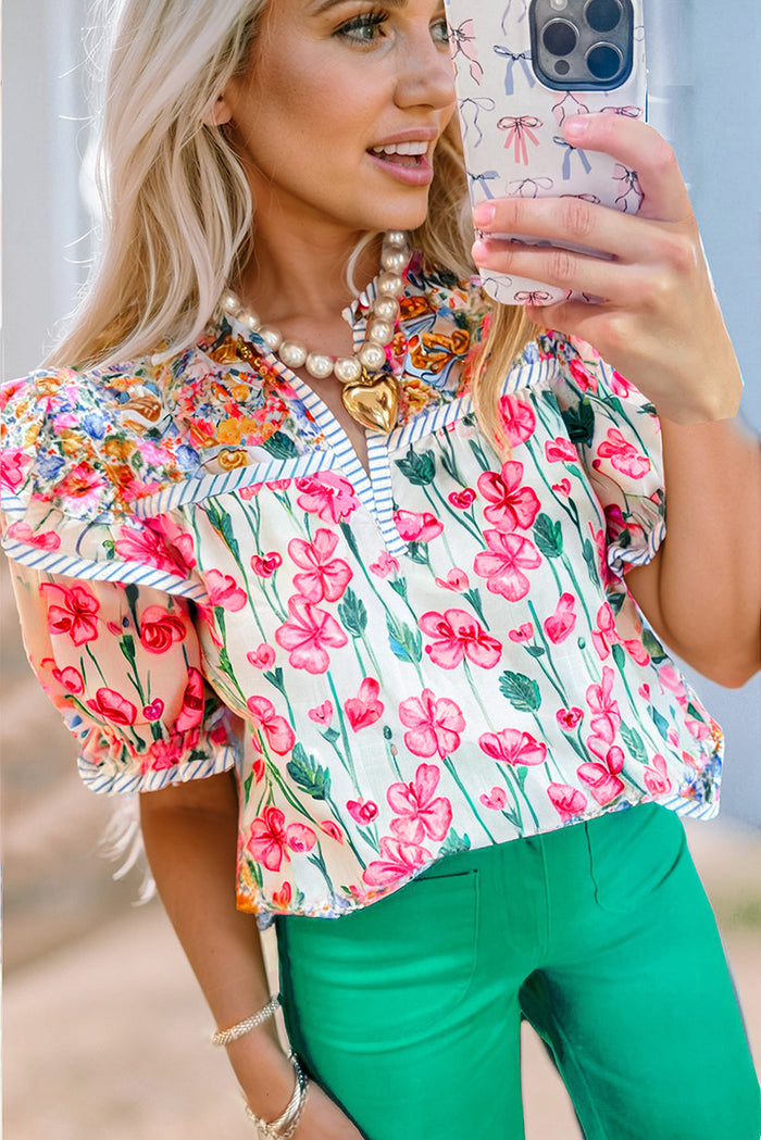 Pink Floral Print Striped Detail Split Neck Short Sleeve Blouse - Tops/Blouses & Shirts