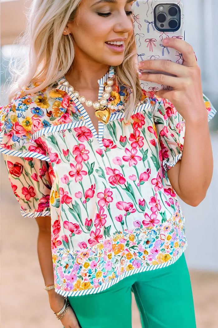 Pink Floral Print Striped Detail Split Neck Short Sleeve Blouse - Tops/Blouses & Shirts