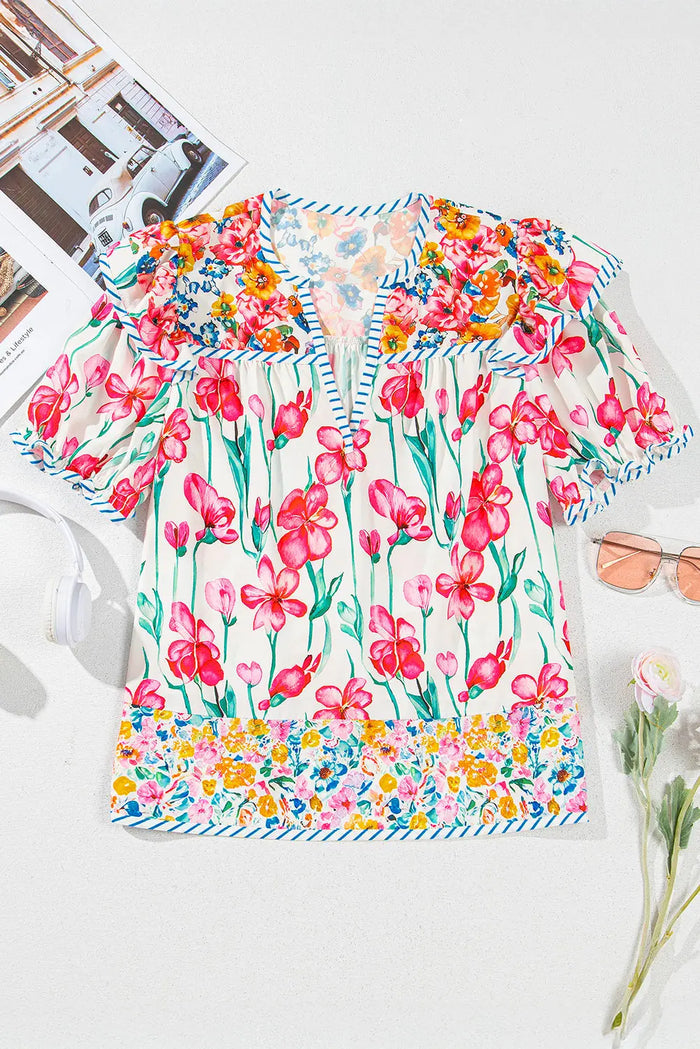 Pink Floral Print Striped Detail Split Neck Short Sleeve Blouse - Tops/Blouses & Shirts