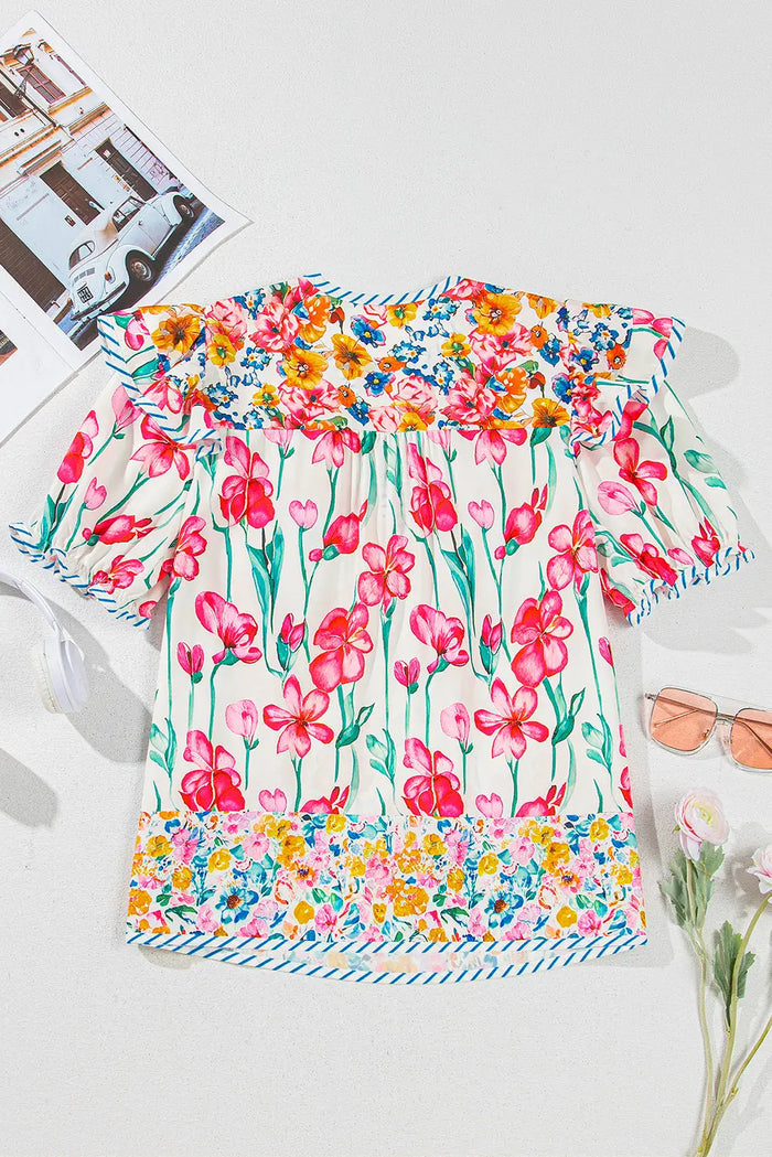 Pink Floral Print Striped Detail Split Neck Short Sleeve Blouse - Tops/Blouses & Shirts