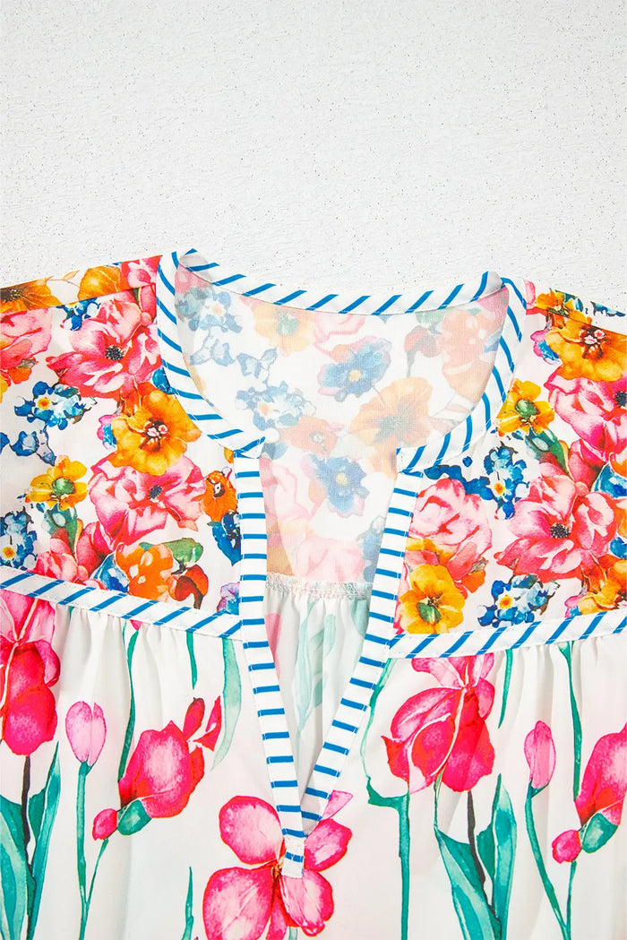Pink Floral Print Striped Detail Split Neck Short Sleeve Blouse - Tops/Blouses & Shirts