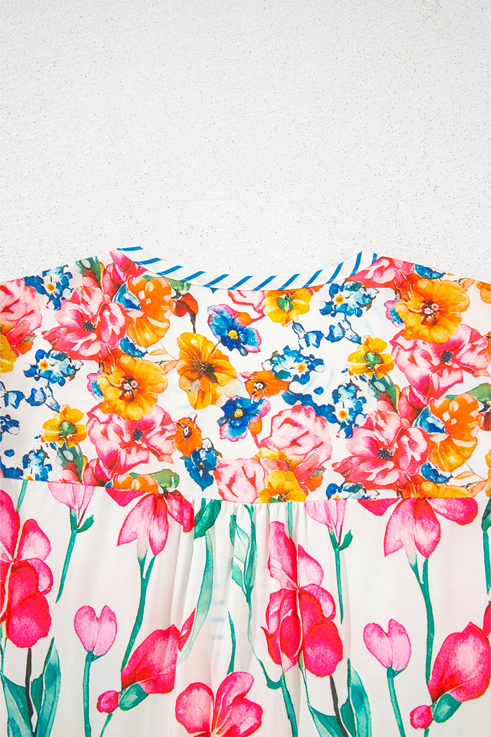 Pink Floral Print Striped Detail Split Neck Short Sleeve Blouse - Tops/Blouses & Shirts