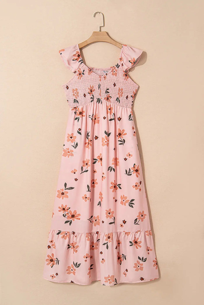 Pink Floral V Neck Smocked Ruffle Hem Maxi Dress - Dresses/Maxi Dresses