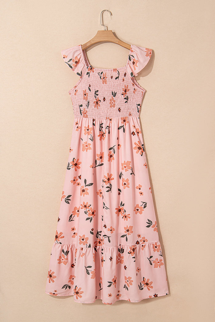 Pink Floral V Neck Smocked Ruffle Hem Maxi Dress - Dresses/Maxi Dresses