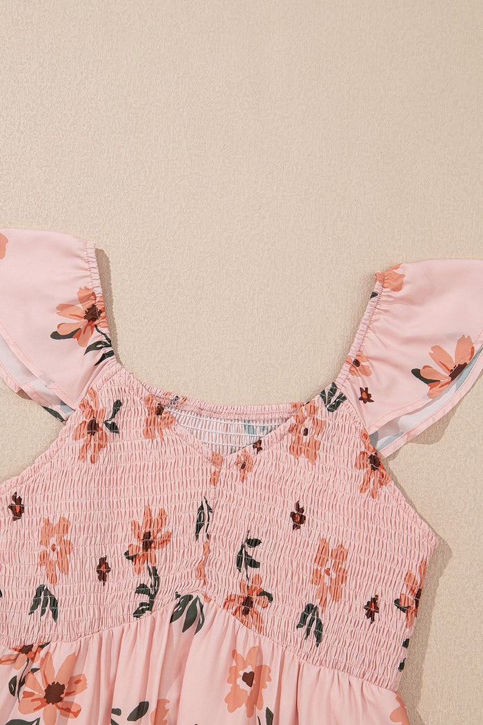 Pink Floral V Neck Smocked Ruffle Hem Maxi Dress - Dresses/Maxi Dresses