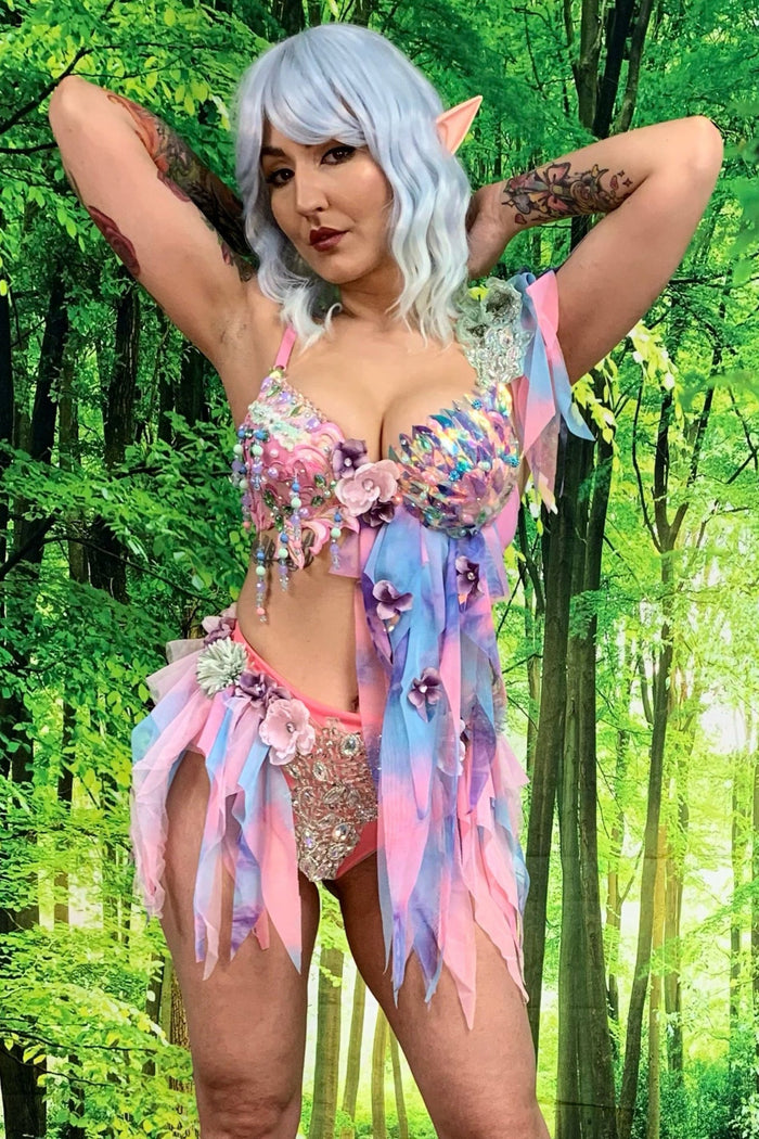 Pink Holographic Pastel Rainbow Flower Fairy Bra and Bottom