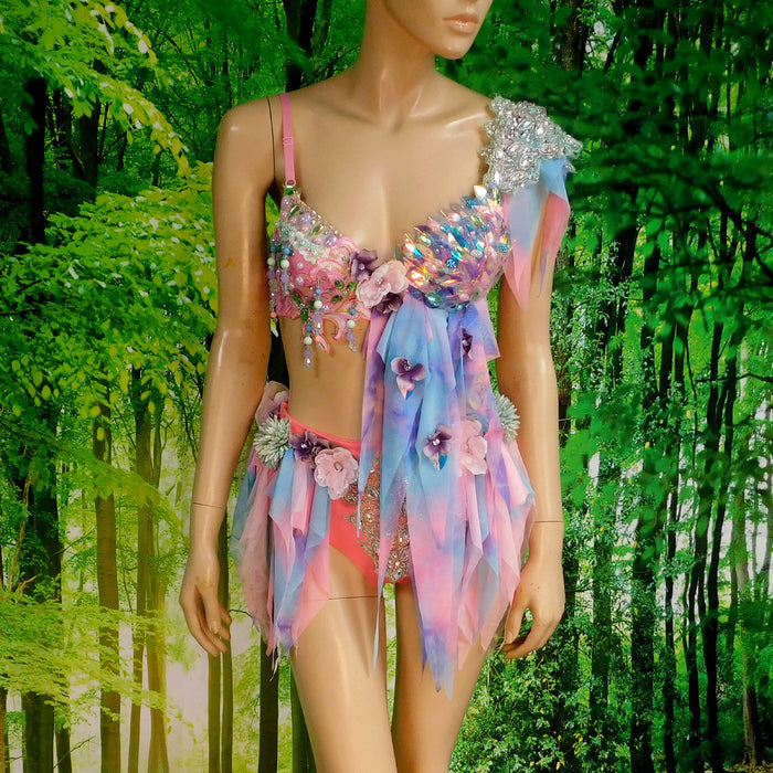 Pink Holographic Pastel Rainbow Flower Fairy Bra and Bottom