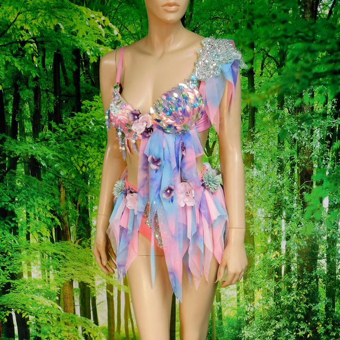 Pink Holographic Pastel Rainbow Flower Fairy Bra and Bottom