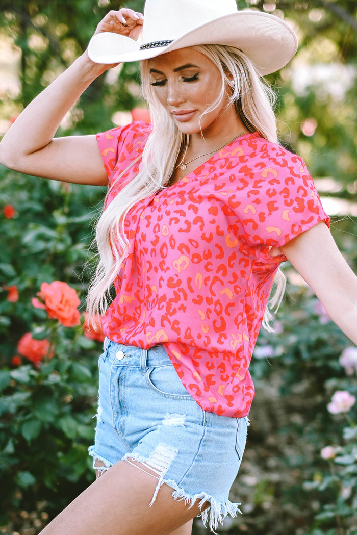 Pink Leopard V Neck Short Sleeve Blouse - Tops/Blouses & Shirts